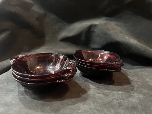 6 Vtg Anchor Hocking Glass Royal Ruby Red CORONATION Berry Bowls Set 4.5"