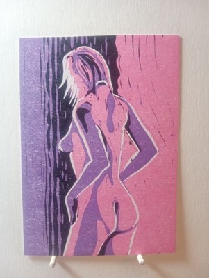 ACEO Original Linocut Nude #2 of 34 Hand Pulled Reduction Lino by Carpenter Pink