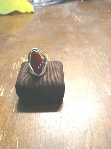 Vintage Mexico ATI Sterling Silver Marquise Cabochon RED JASPER Ring Size 8