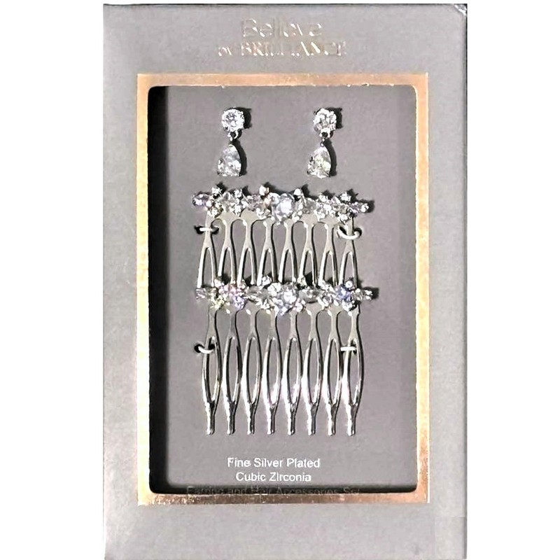 Believe by Brilliance EARRING & COMB SET Silver-Plated CUBIC ZIRCONIA ~ New