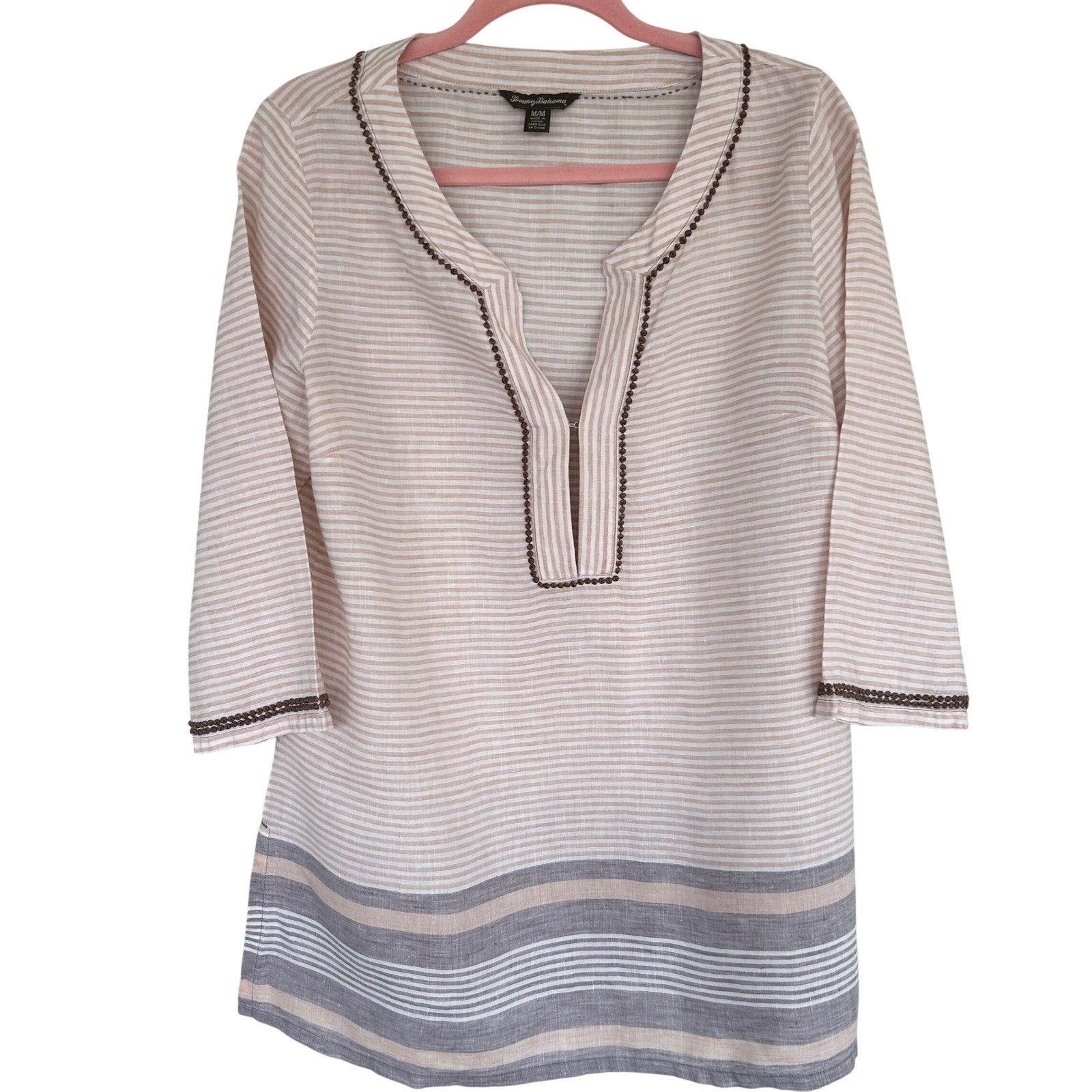 Tommy Bahama Linen Blend Striped V Neck Tunic Top Women's M/M
