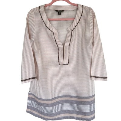 Tommy Bahama Linen Blend Striped V Neck Tunic Top Women's M/M