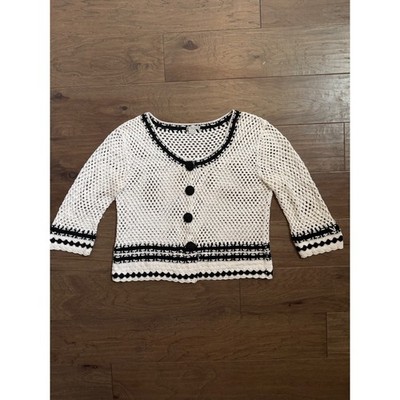 Ann Trinity Womens XL White Black Crochet Cotton Button Front Cardigan Sweater