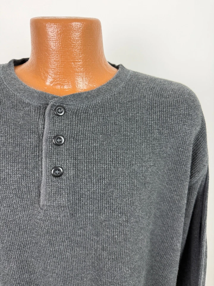 Vintage Waffle-Knit Henley Shirt Men XL Stretchy Thermal Heavy Cotton Charcoal - Image 2 of 4