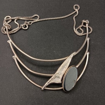 Modernist Israeli Silver Bib Necklace Hematite Cabochon Artistic Statement Gift