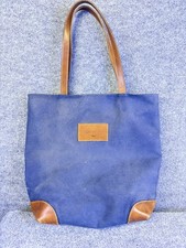 Vintage GH Bass Canvas Tote Bag Blue Leather Trim Shoulder Shopper Large Weekend