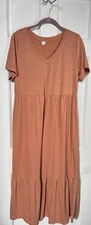 Anrabess Women's Summer Casual A-Line Maxi Dress Boho, Terracotta, V-neck Size L