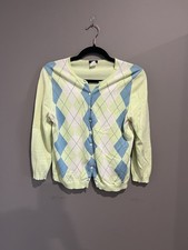 J.CREW Argyle Knit Cardigan Sweater 100 Cotton Light Green Blue White M