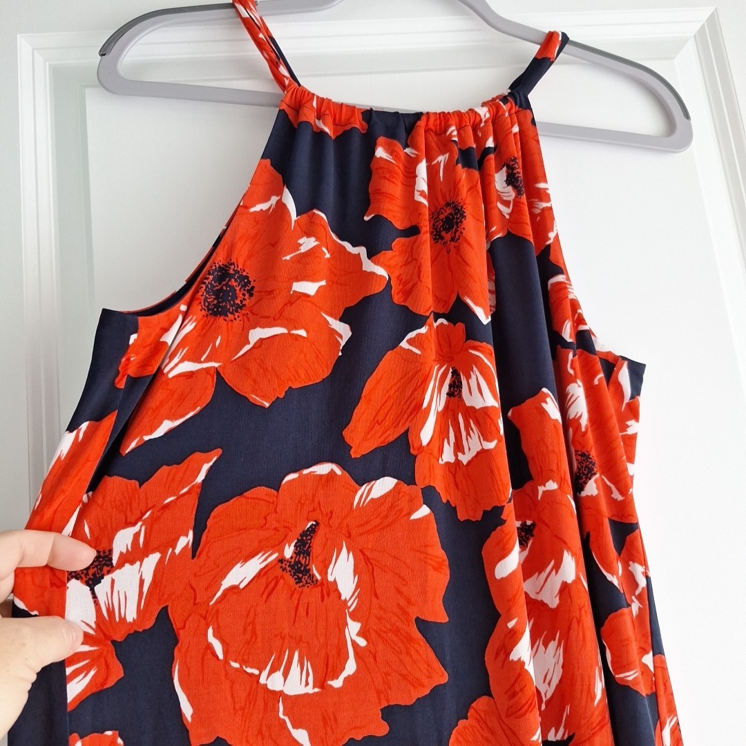 Trina Turk Womens MEDIUM M Floral Halter Dress Navy Red Lined Summer  Sleeveless