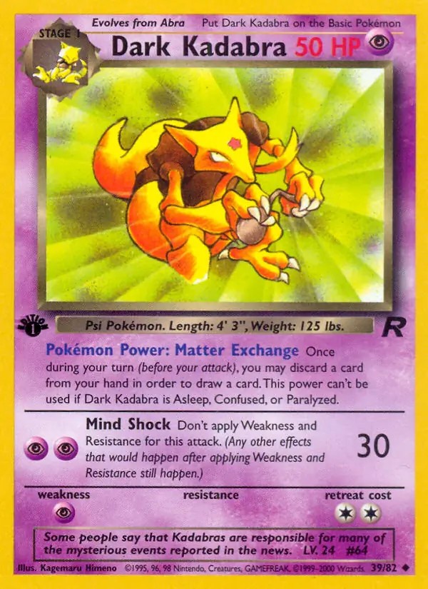 Dark Kadabra - 39/82 - Pokemon Team Rocket 1st Edition Card WOTC NM