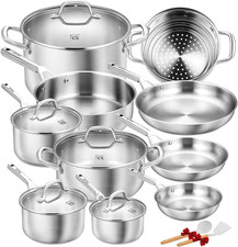 Stainless Steel Cookware Set 17 Piece, Professional 18/10 Stianless Steel Pots a