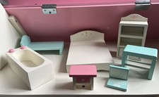 7 pcs Aqua Blue Pink & White ASDA Dolls House Wooden Bedroom & Other Furniture