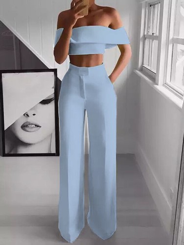Womens Elegant Two Piece Suit Boat points de vente Neck Crop Tops Wide Leg Pants Casual Party