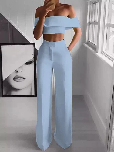 Womens Elegant Two Piece Suit Boat Neck Crop Tops Wide Leg Pants Casual Party - Picture 7 of 13