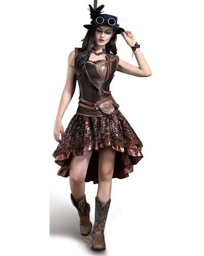 K348 Burlesque Brown Brocade Skirt Ruffle Satin Showgirl Moulin Dance Rockabilly - Picture 2 of 8