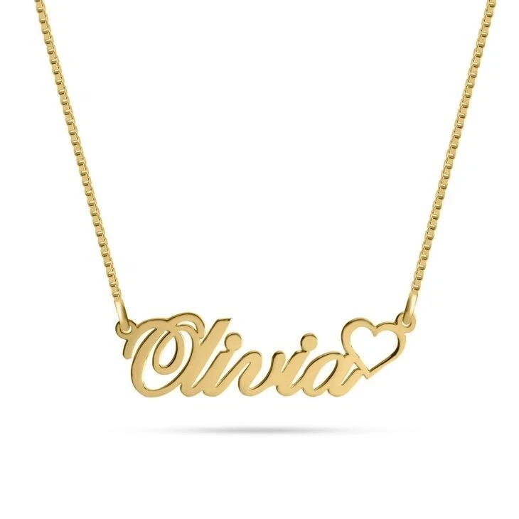 Collar con Nombre de Oro Sólido 14K con Corazón-Placa con Nombre Personalizada y Caja Cadena-Collar Foto 2 de 4