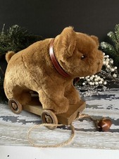 Vintage Brown Bear On Wooden Cart Pull Toy- Hand Crafted Circus Bear Style