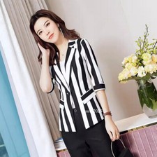 Womens Jacket Double Breasted Lapel Collar Striped Slim Fit Dress Suit OL Blazer