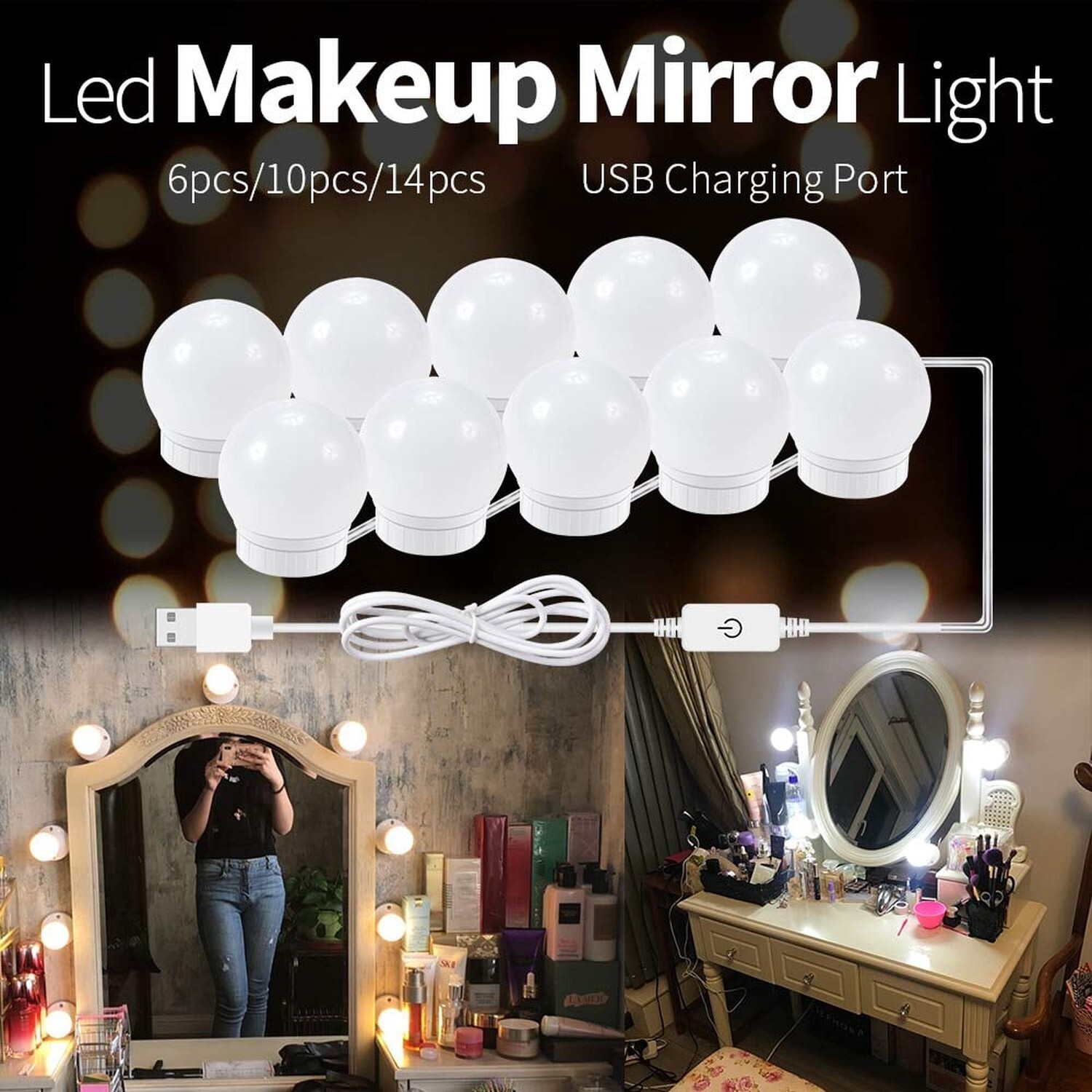 Hollywood Led Vanity Lights Strip Kit with 14 Dimmable Light Bulbs for