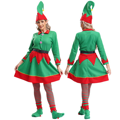 Women Suit Party Set 6Pcs Outfits Dress Role Play Xmas Outfit Elf Ears Belt Hat