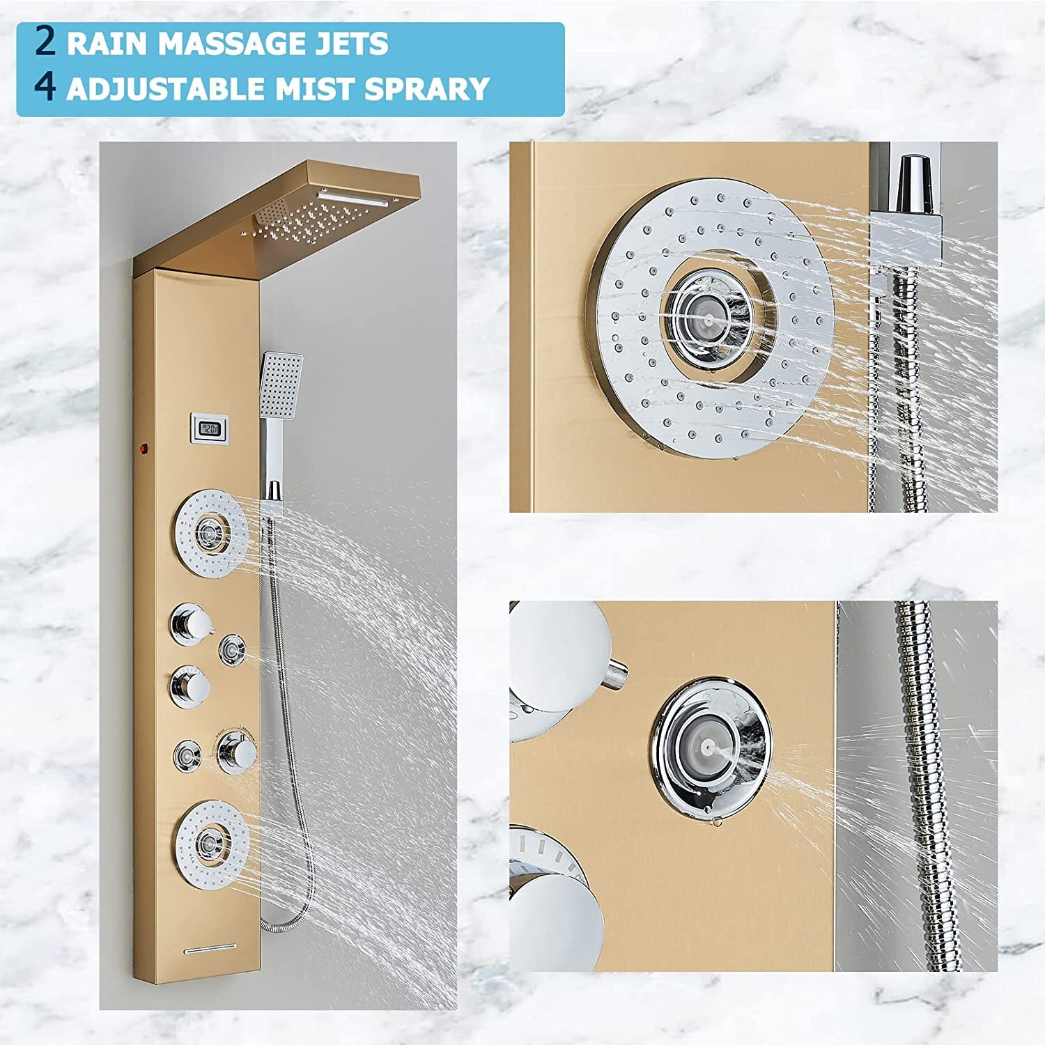 LED Brushed Gold Shower Tower Panel Faucet Stainless Steel Rain Massage