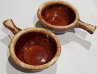 2 Hull Oven Proof USA Pottery Brown Drip Glazed Chili / Soup Bowls with Handles