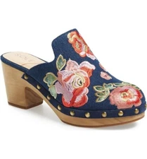 SOLE SOCIETY Madelina Denim Floral Embroidered Wood Clogs Sole Heel Rivet Studs!