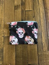 Skulls With Pink Roses Handmade Makeup Bag Zipper Small NWOT