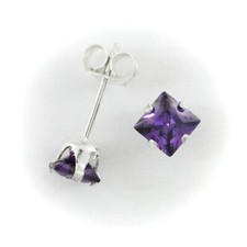 4mm Square CZ Amethyst Purple Post Stud Earrings in SOLID Sterling Silver - NEW 