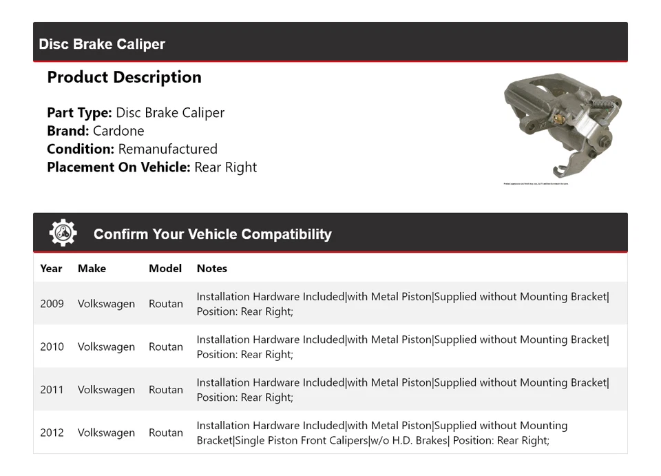 Pinza de freno de disco trasera derecha cardone 2010 2011 para Volkswagen Routan 2009-2012 Foto 2 de 4