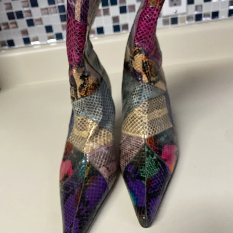 Beverly Feldman Vintage Y2K Colorido Patchwork Serpiente Botas Talla 6.5 Foto 3 de 4