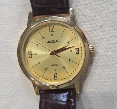 Acqua watch by TIMEX Gold case w/ Brown Leather band, Runs, new battery.