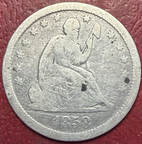 1858 Seated Liberty Silver Quarter. Free Shipping