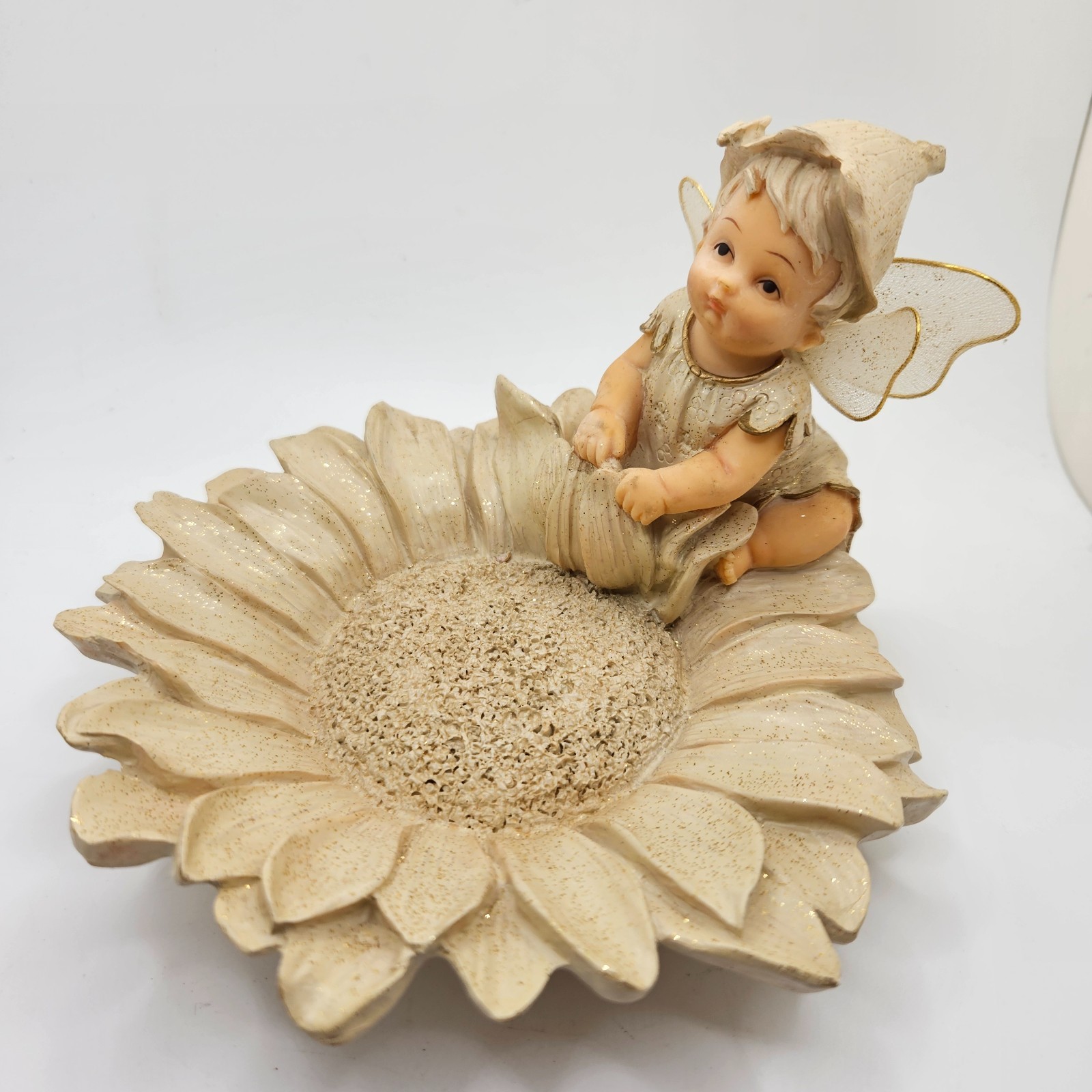 Vintage Fairy Sunflower Trinket Dish Figurine Resin Pixie Flower Catchall Decor