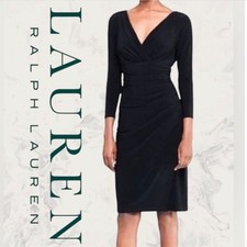 NWT Ralph Lauren Faux-Wrap Jersey Sheath Midi Dress Pleated Black Size 8 Bodycon