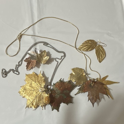 Leaf Charm Pendant Necklace Layered Metal Ball/Bead Chain Gold Silver Multi