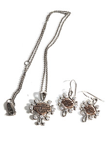 Harley-Davidson Rhinestone Filigree Bar & Shield Drop Necklace & Earrings Set