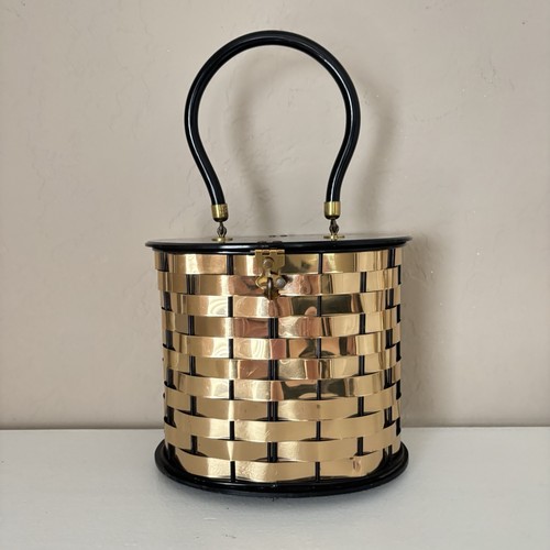 VINTAGE DORSE REX FIFTH AVENUE GOLD BASKET WEAVE LUCITE BOX PURSE BLACK HANDLE