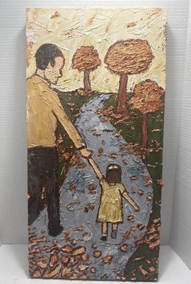 Original Oil Painting Impasto Technique-Dad & Daughter Fall Day-Signed-24 x12 