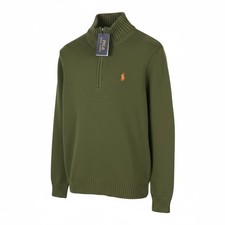 RALPH LAUREN Classics Olive Hommes Pull M Demi Zip Col Tricot Fin À Enfiler