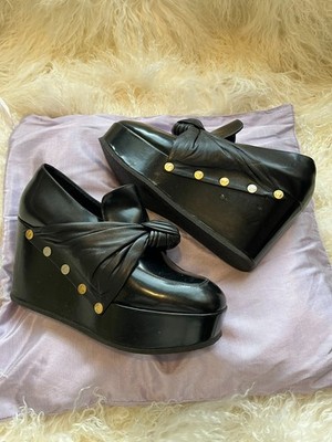 Vintage Celine Phoebe Philo Black Leather Bow Wedge Platform Loafer UK 5 / EU 38