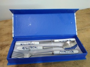 Spoon, Fork, Chopsticks Set Blue Butterfly  And White Flowers Box 