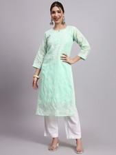 Women  s Sea Green Chikankari Kurti Embroidered Cotton Ethnic Kurta with Camisole