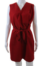 Halston Womens Back Zip Sleeveless V Neck Tie Front Sheath Dress Red Size 6