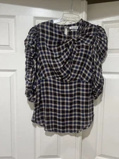 Isabel Marant Étoile twist neck rough hem plaid ruched arms blouse top small