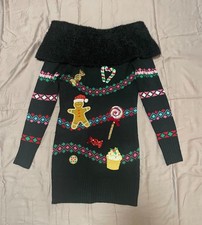 Ugly Christmas Dress Off The Shoulder Sequins Womens XS Gingerbread Man Junior