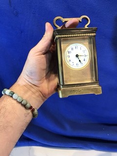 Antique French Brass Carriage Clock Porcelain Dial Blue Numerals Mechanical Key