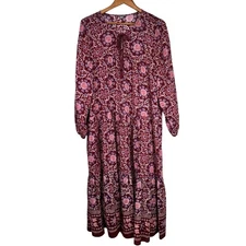 Aerie Maxi Dress Size XL Floral Long Sleeve Tie Neck Tiered Cotton Boho Cottage