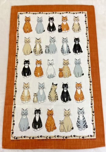 Vintage Ulster Weaver Irish Linen Tea Towel w Cats Arrived Pattern Art Gift Idea - Picture 1 of 16