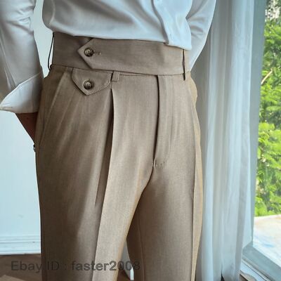 Men Gurkha High Waist Straight Casual Pants Naples Paris Button Summer ...